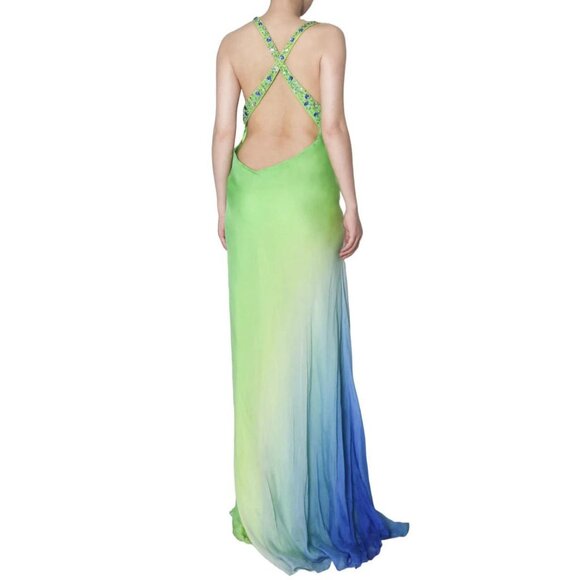 vtg Georgette Silk US 8 M Gemstone Beaded Cross Back Prom Gown Cocktail Dress - Picture 2 of 6